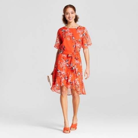 NEW Red Floral Print Short Sleeve Ruffle Dress D2 - Picture 8 of 8